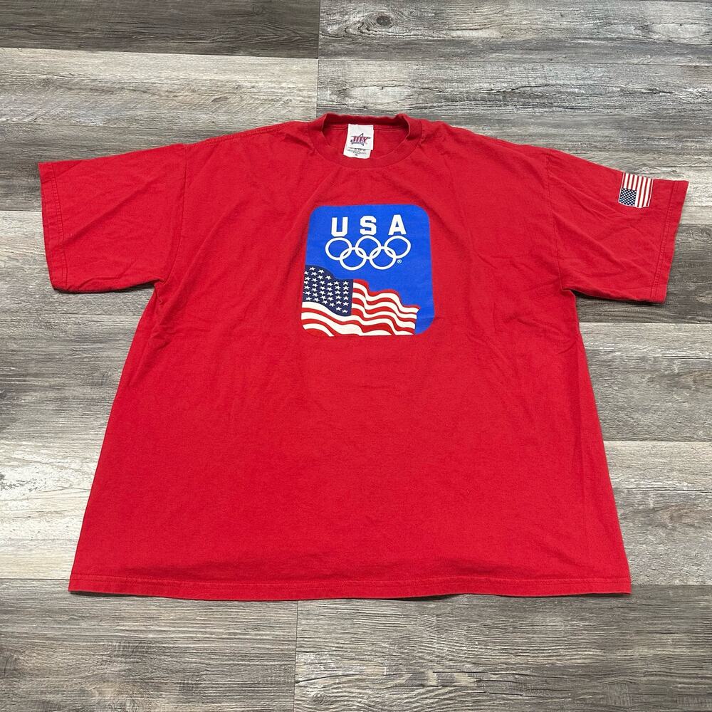 Vintage 90s USA Team Olympics Flag Rings Red White Men 2XL T-Shirt